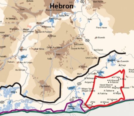 Map of South Hebron Hills showing path of Wall (image from UN)
